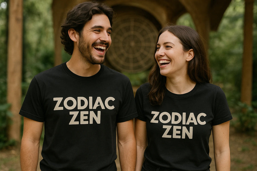 A man and woman are standing outdoors, both smiling widely. They are wearing matching black t-shirts with the text "ZODIAC ZEN" printed in bold white letters. In the background, there are trees and a circular stone structure.