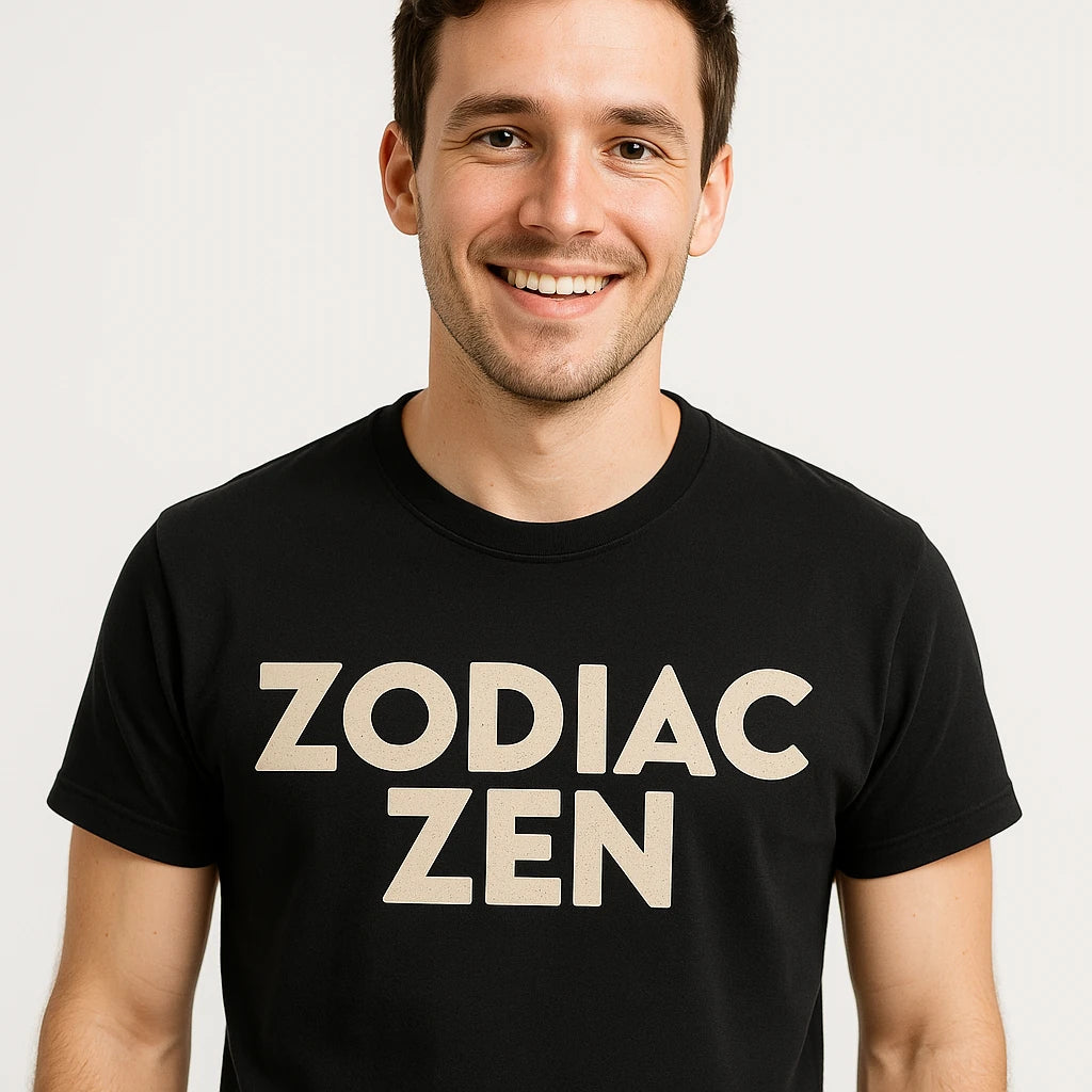 A person with short hair is wearing a black T-shirt with the text "ZODIAC ZEN" printed on it, smiling at the camera. The background is plain and light-colored.