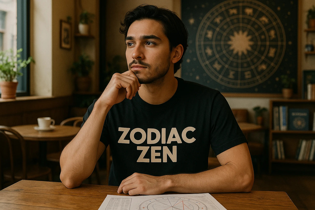 A person with dark hair and facial hair is sitting at a wooden table, resting their chin on their hand. They are wearing a black t-shirt with the words "ZODIAC ZEN" printed on it. In the background, there is a celestial chart on the wall and some potted plants, creating a cozy, contemplative atmosphere.