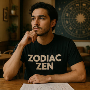 Lifestyle shot of the "Zodiac Zen" black astrology graphic tee in a real-world setting