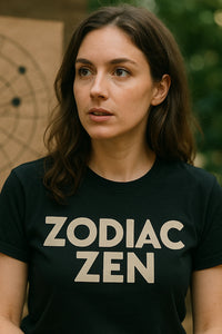 A person with long brown hair, wearing a black shirt with the text 