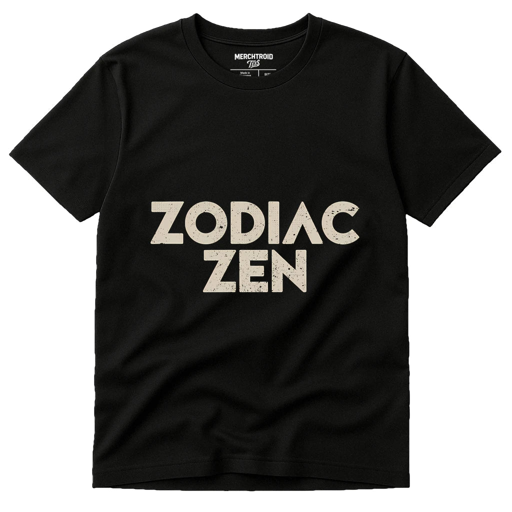 A black T-shirt with bold, distressed white text "ZODIAC ZEN" on the front. The shirt appears to be simple and casual.