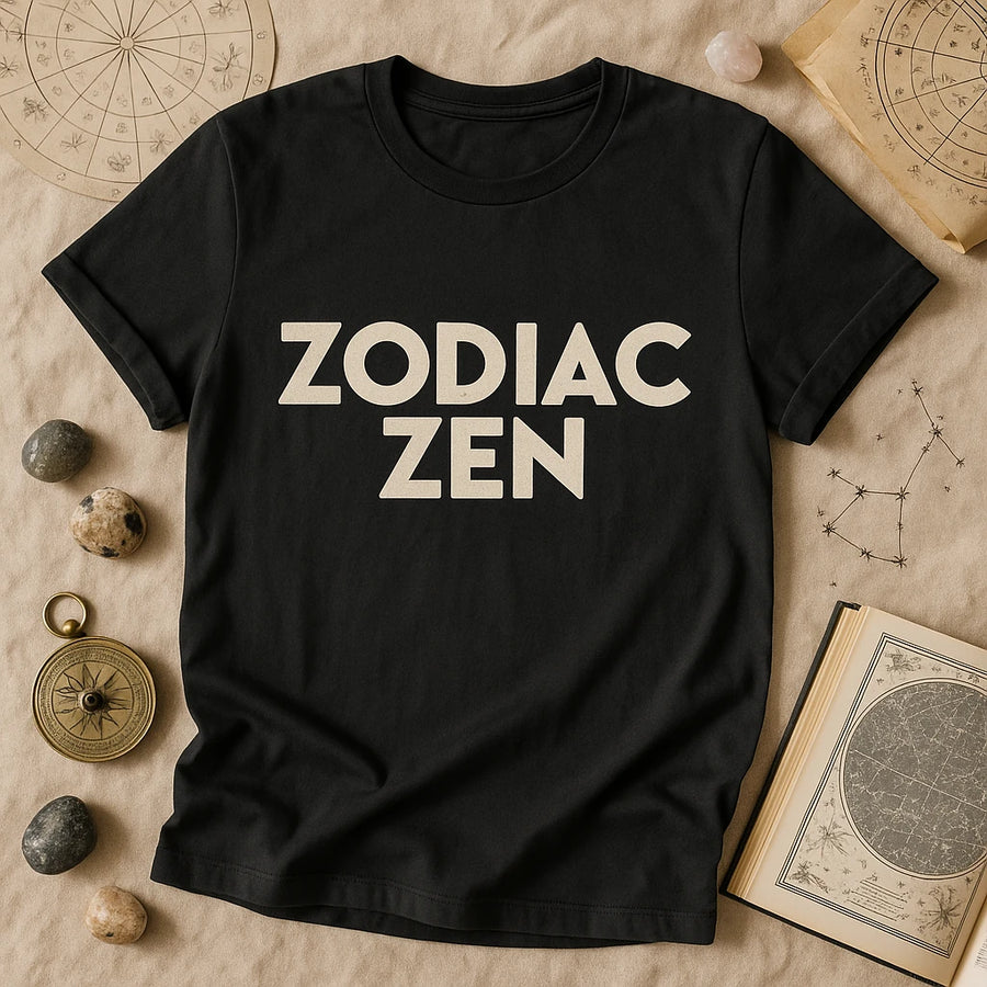 A black t-shirt with the text "ZODIAC ZEN" in bold, cream-colored letters. The shirt is laid flat on a beige surface surrounded by various astrology-themed items, including a compass, stones, star maps, and constellation drawings.