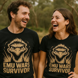 Person wearing the black emus shirts graphic tee - "Emu Wars Survivor" design