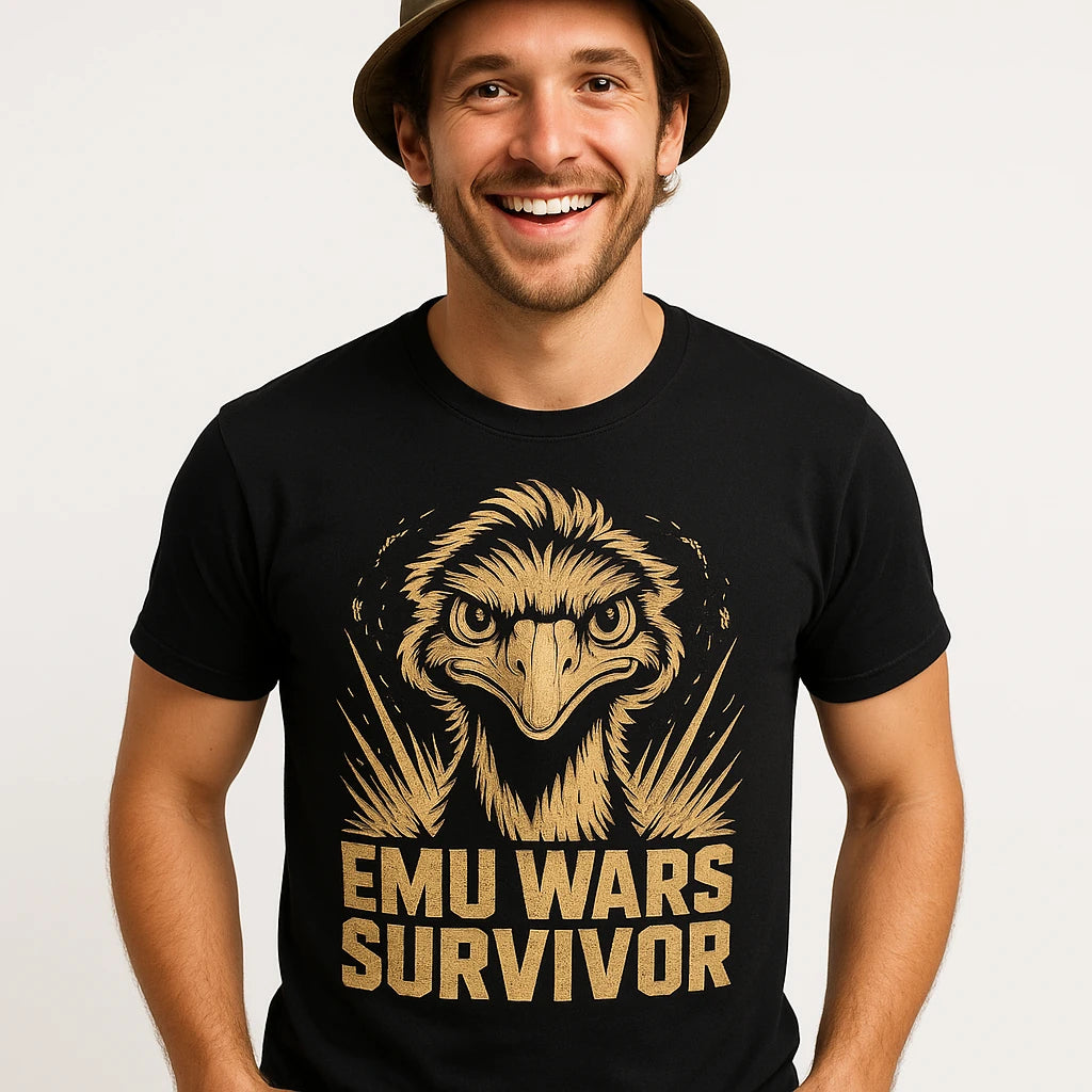 Close-up of the "Emu Wars Survivor" tan print on a premium Bella+Canvas black emus shirts