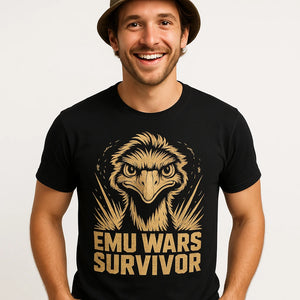 Close-up of the "Emu Wars Survivor" tan print on a premium Bella+Canvas black emus shirts