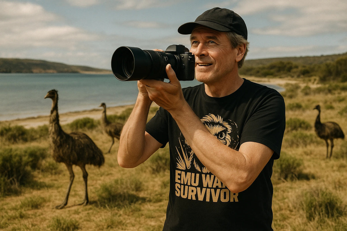 Lifestyle shot of the "Emu Wars Survivor" black emus shirts in a real-world setting