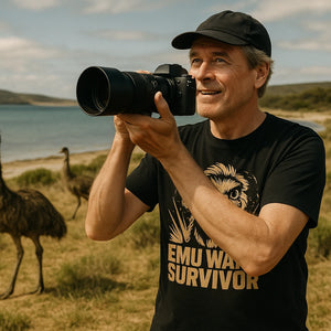 Lifestyle shot of the "Emu Wars Survivor" black emus shirts in a real-world setting
