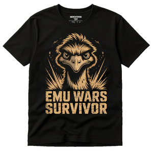 Black Emus Shirts - "Emu Wars Survivor" graphic tee with tan print, flat lay product photo