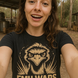 "Emu Wars Survivor" black emus shirts, photographed as emus lover gift