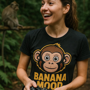 "Banana Mood" black monkey t shirt, photographed as gift ideas for monkey lovers