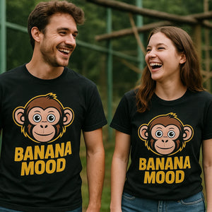 Person wearing the black monkey t shirt graphic tee - "Banana Mood" design