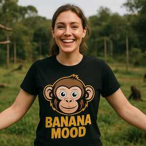 Lifestyle shot of the "Banana Mood" black monkey t shirt in a real-world setting