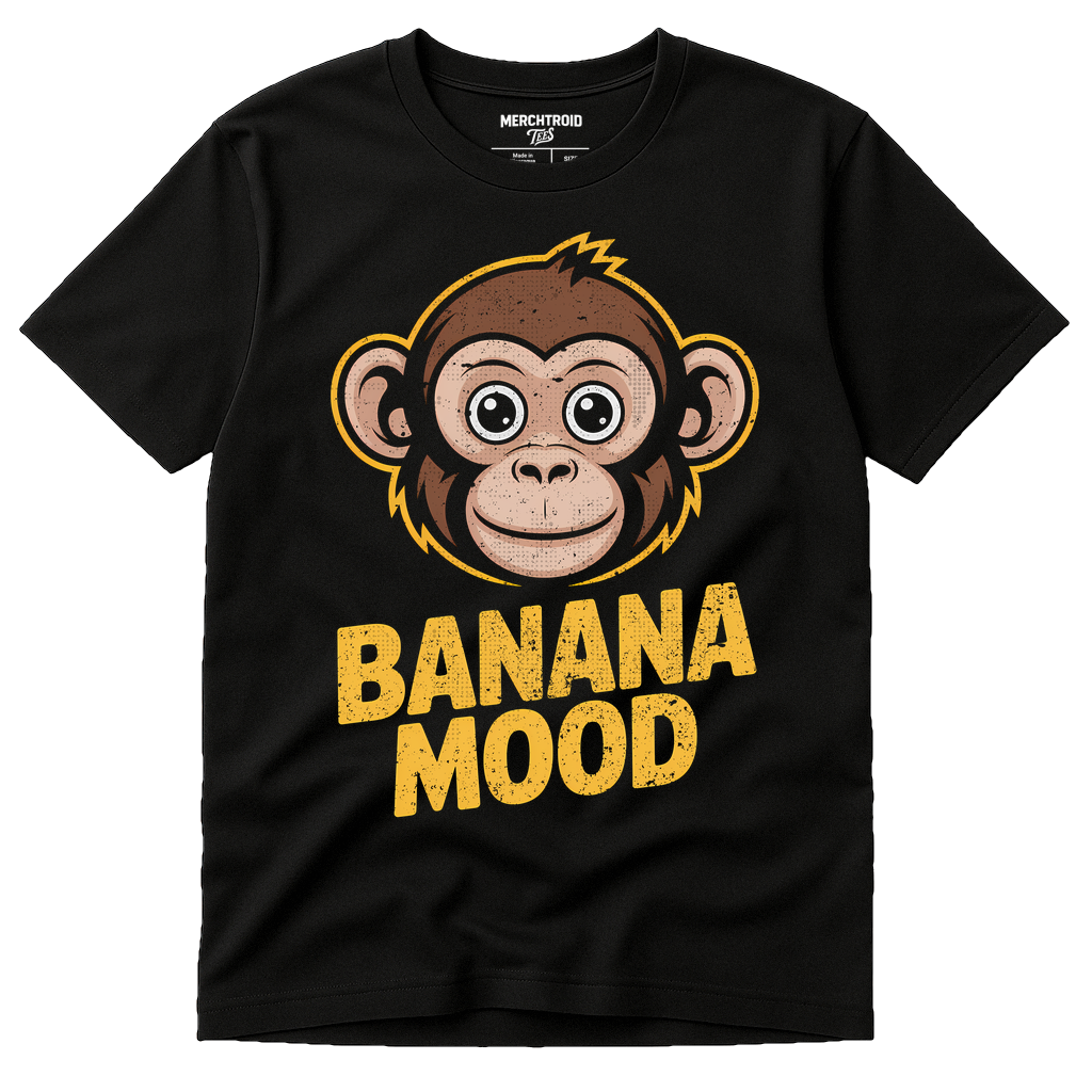 Black Monkey T Shirt - "Banana Mood" graphic tee with tan print, flat lay product photo