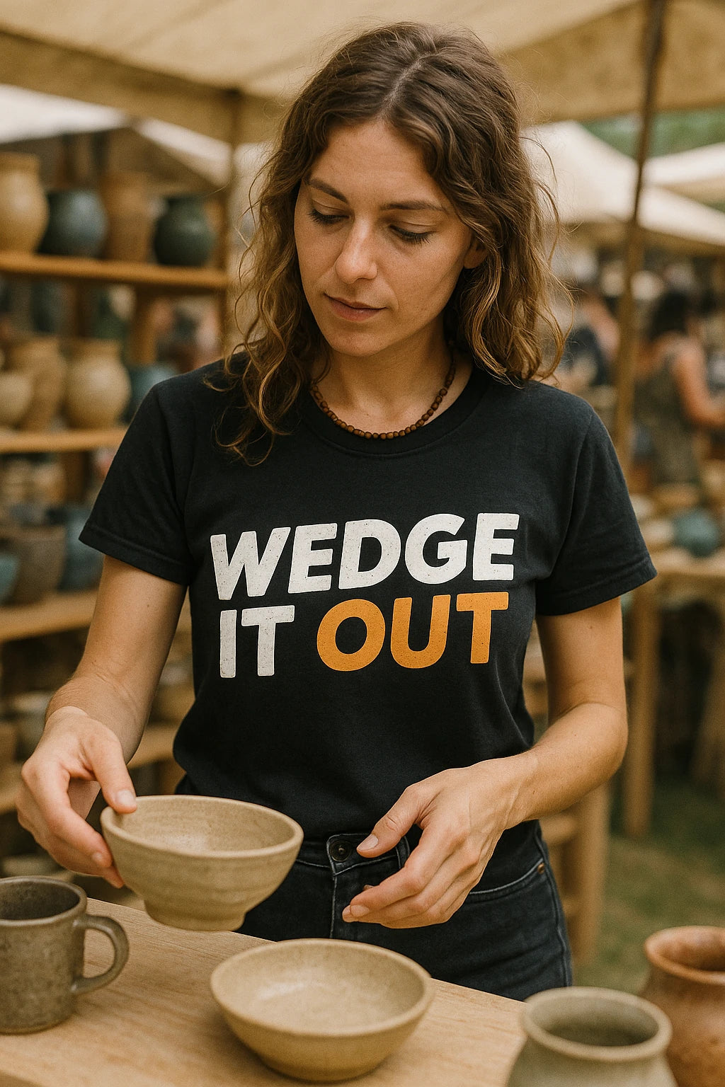 "Wedge It Out" black ceramic t shirt, photographed as gifts for ceramic lovers