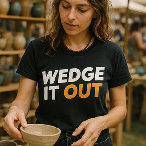 "Wedge It Out" black ceramic t shirt, photographed as gifts for ceramic lovers