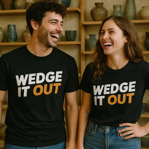 Person wearing the black ceramic t shirt graphic tee - "Wedge It Out" design