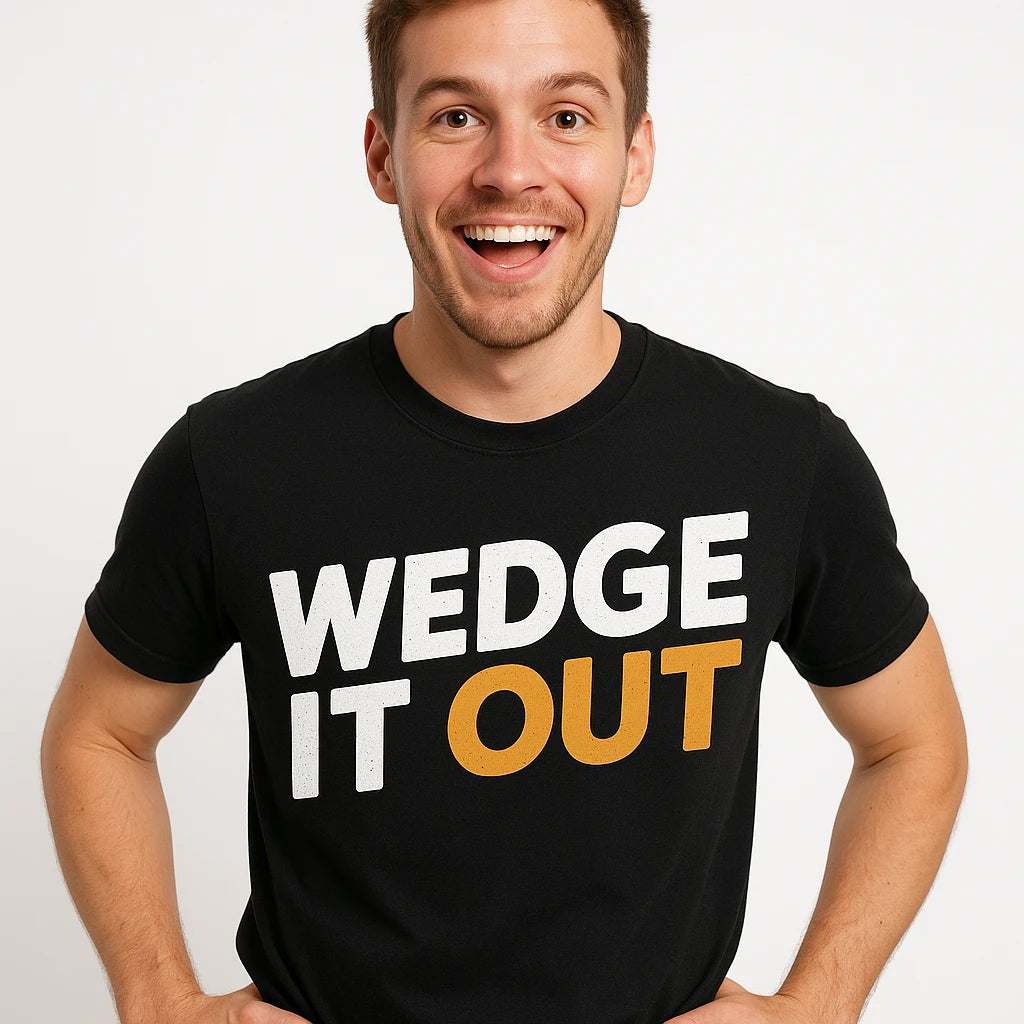 Close-up of the "Wedge It Out" white print on a premium Bella+Canvas black ceramic t shirt