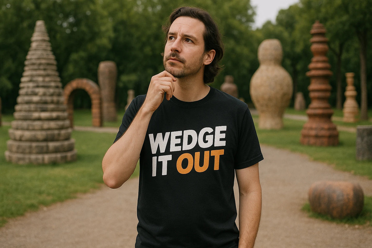 Lifestyle shot of the "Wedge It Out" black ceramic t shirt in a real-world setting