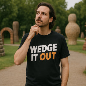 Lifestyle shot of the "Wedge It Out" black ceramic t shirt in a real-world setting