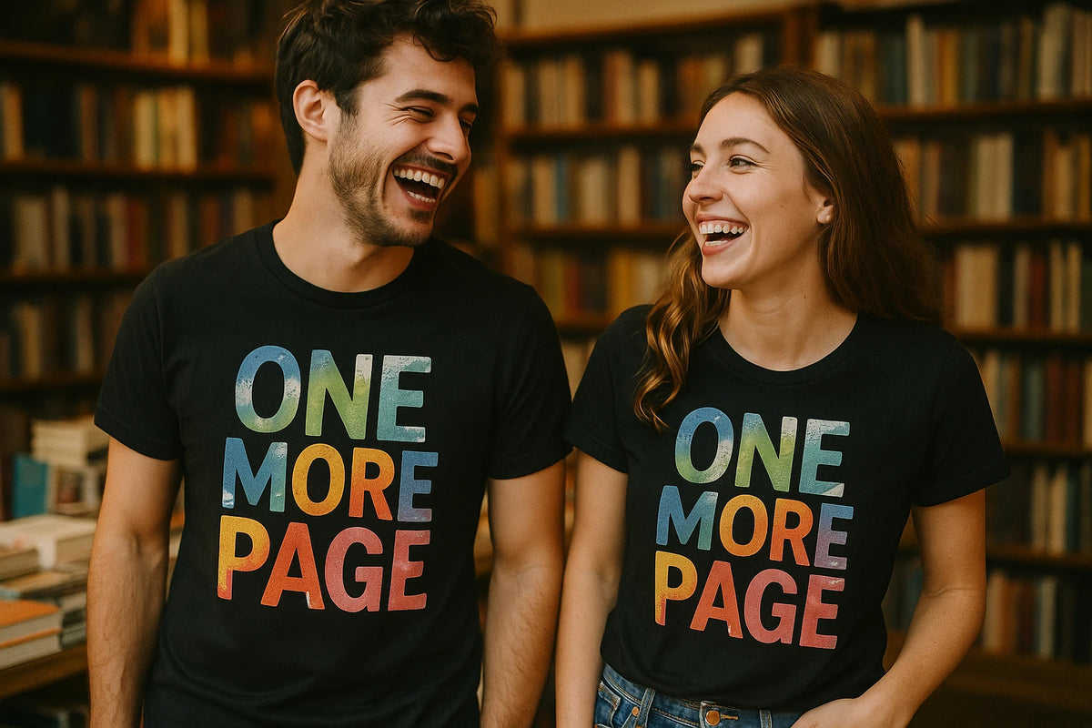 Person wearing the black reading shirts graphic tee - "One More Page" design