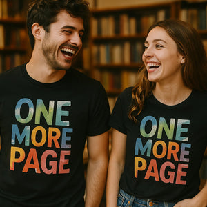 Person wearing the black reading shirts graphic tee - "One More Page" design