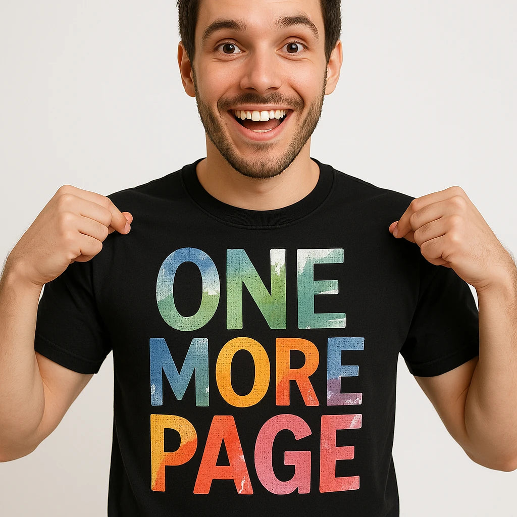 Close-up of the "One More Page" tan print on a premium Bella+Canvas black reading shirts