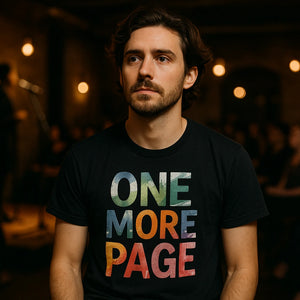 Lifestyle shot of the "One More Page" black reading shirts in a real-world setting