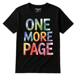 Black Reading Shirts - "One More Page" graphic tee with tan print, flat lay product photo