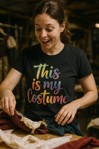 A person is smiling and looking down at their hands, which are arranging colorful fabric pieces on a table. They are wearing a black T-shirt with the text 