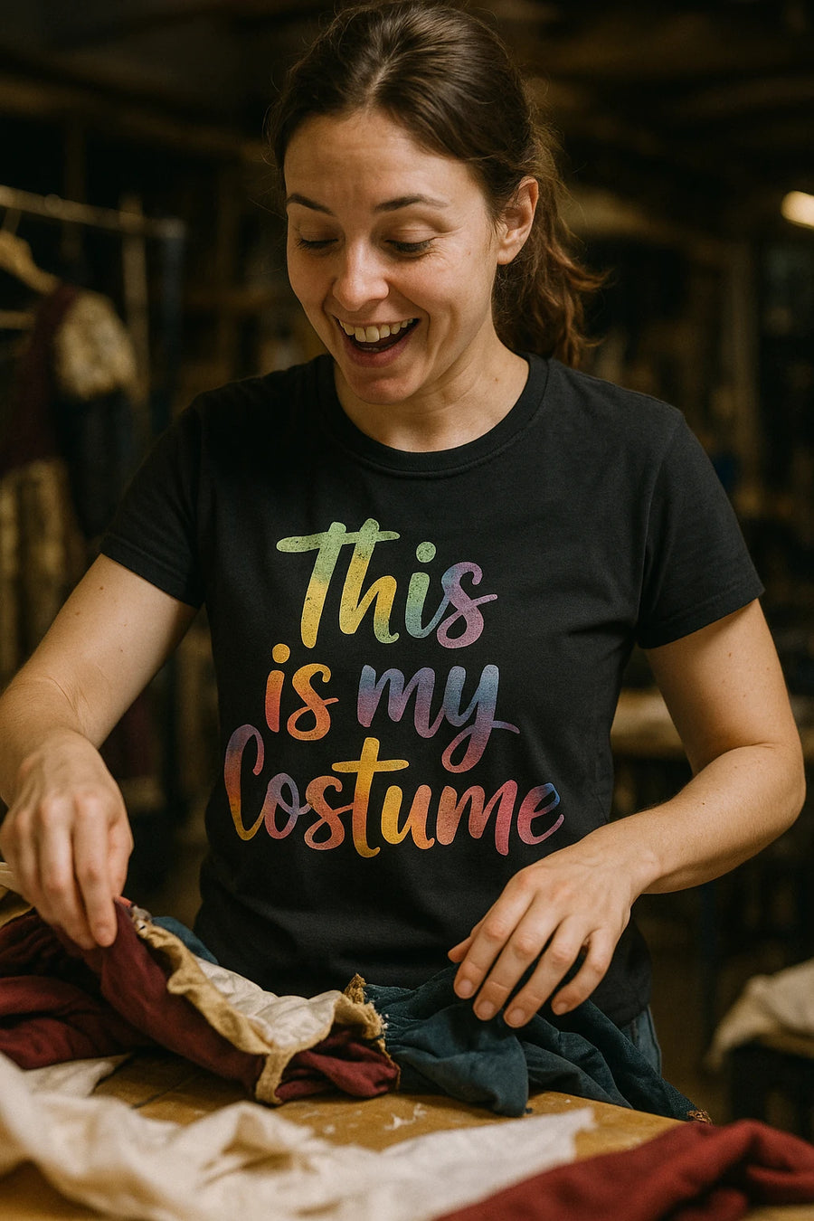 A person is smiling and looking down at their hands, which are arranging colorful fabric pieces on a table. They are wearing a black T-shirt with the text "This is my Costume" in rainbow-colored letters. The setting appears to be a workshop or studio with various garments in the background.
