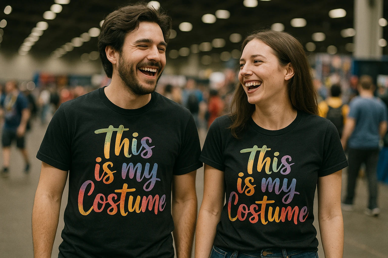 A man and a woman are standing in a large indoor venue, smiling and looking at each other. They are both wearing black t-shirts with the colorful text "This is my Costume." The background is filled with people and blurred lights.