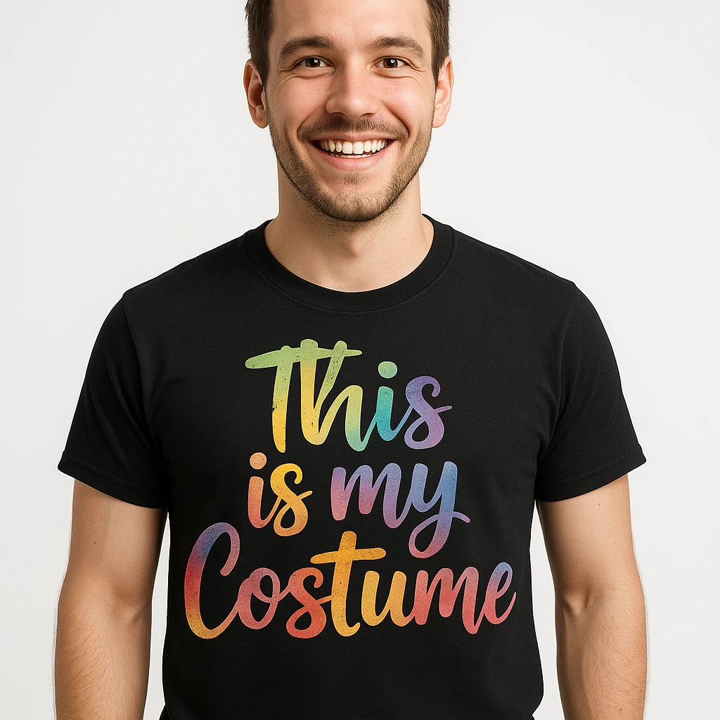 A person smiling and wearing a black t-shirt with colorful text that reads "This is my Costume" against a plain white background.