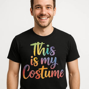 Close-up of the "This Is My Costume" gray print on a premium Bella+Canvas black costume shirts