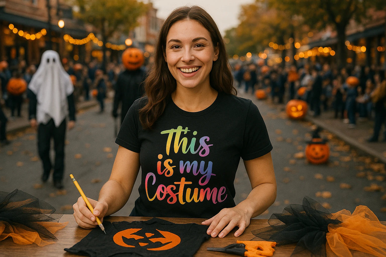 A woman with long brown hair is smiling while sitting at a table outdoors. She is wearing a black T-shirt with the text "This is my Costume" in colorful lettering. She holds a yellow pencil and in front of her is a piece of black fabric with an orange jack-o'-lantern design. The street is decorated for Halloween, with people walking in costumes, including someone in a ghost outfit and others with pumpkin masks. The background features festive lights and autumn trees.