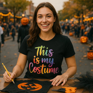 Lifestyle shot of the "This Is My Costume" black costume shirts in a real-world setting