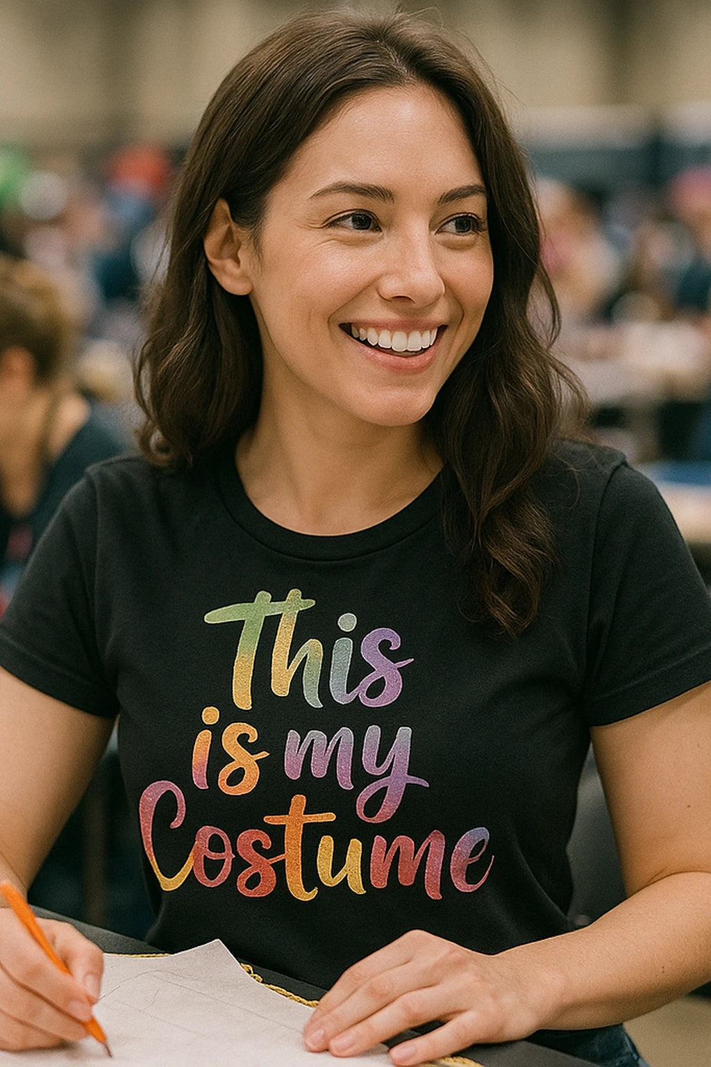 A person with long brown hair is smiling and looking to the side. They are wearing a black T-shirt with colorful text. The setting appears to be a busy indoor environment.