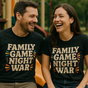 Person wearing the black family life t shirt graphic tee - "Family Game Night War" design