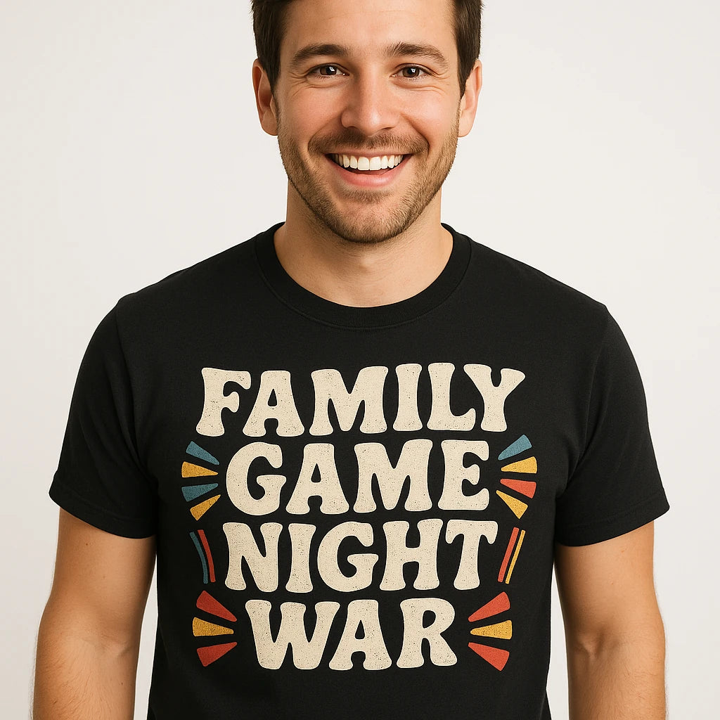 Close-up of the "Family Game Night War" beige print on a premium Bella+Canvas black family life t shirt