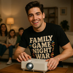 Lifestyle shot of the "Family Game Night War" black family life t shirt in a real-world setting