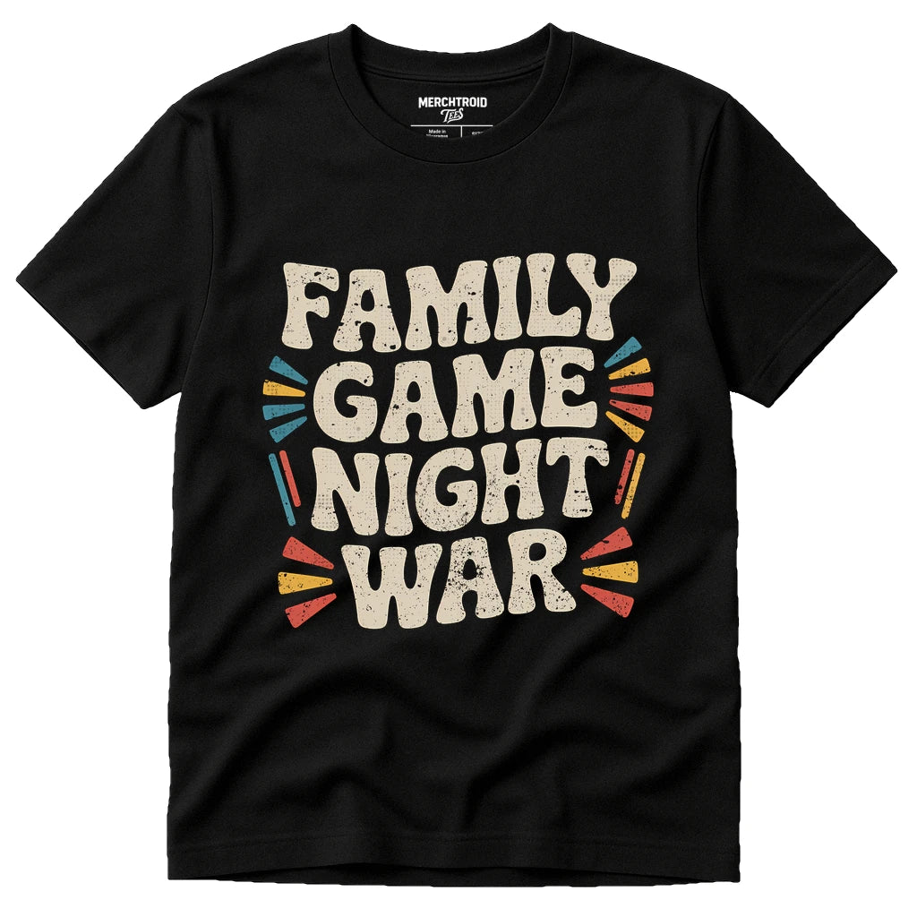 Black Family Life T Shirt - "Family Game Night War" graphic tee with beige print, flat lay product photo