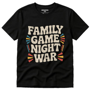 Black Family Life T Shirt - "Family Game Night War" graphic tee with beige print, flat lay product photo