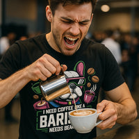 A person with short hair is energetically pouring latte art into a coffee cup using a metal pitcher. They are wearing a black t-shirt with a colorful graphic of a dog and coffee cups. The person appears enthusiastic and excited while making coffee. The background is blurred with people and lights visible.