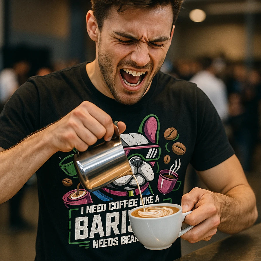 A person with short hair is energetically pouring latte art into a coffee cup using a metal pitcher. They are wearing a black t-shirt with a colorful graphic of a dog and coffee cups. The person appears enthusiastic and excited while making coffee. The background is blurred with people and lights visible.