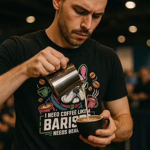 "I Need Coffee Like a Barista Needs Beans" black barista shirts - also one of the best gifts for baristas
