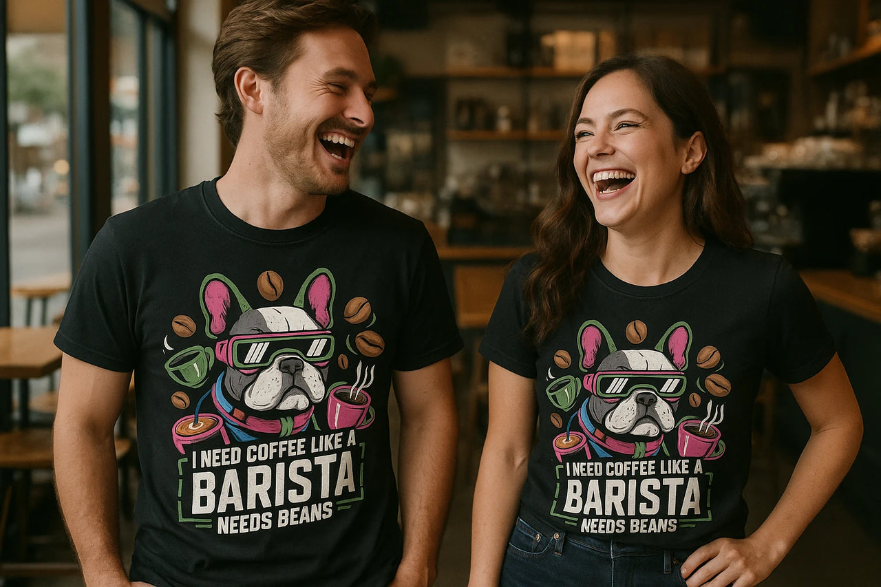 A man and a woman are standing in a coffee shop, laughing and wearing matching black t-shirts. The shirts have a colorful design of a dog with sunglasses surrounded by coffee beans and cups.