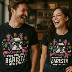 Person wearing the black barista shirts graphic tee - "I Need Coffee Like a Barista Needs Beans" design