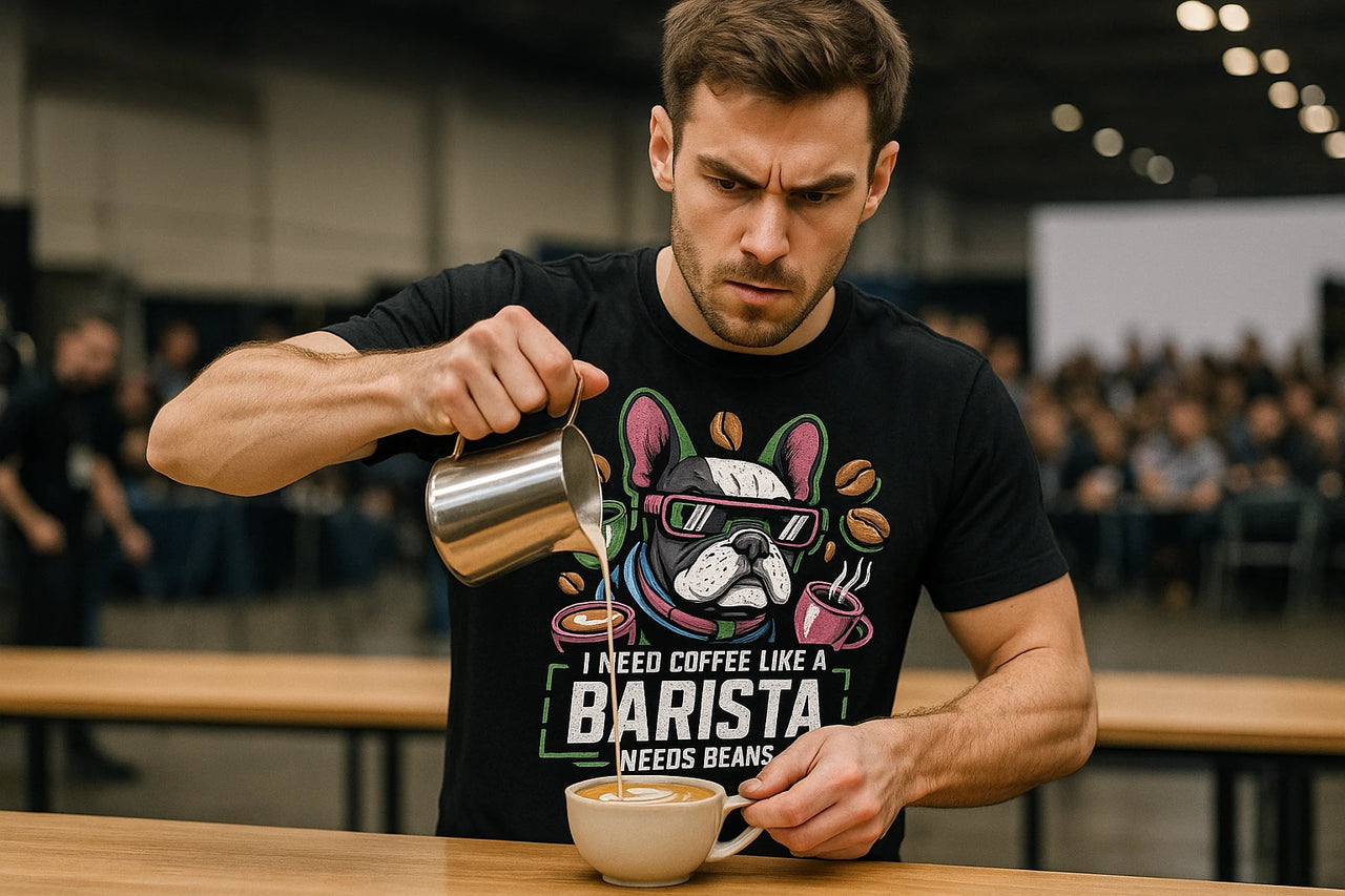 A person wearing a black T-shirt with a graphic of a dog wearing sunglasses, surrounded by coffee cups and beans, focused as they pour milk from a metal pitcher into a cup of coffee. The background shows an out-of-focus crowd in an indoor setting.