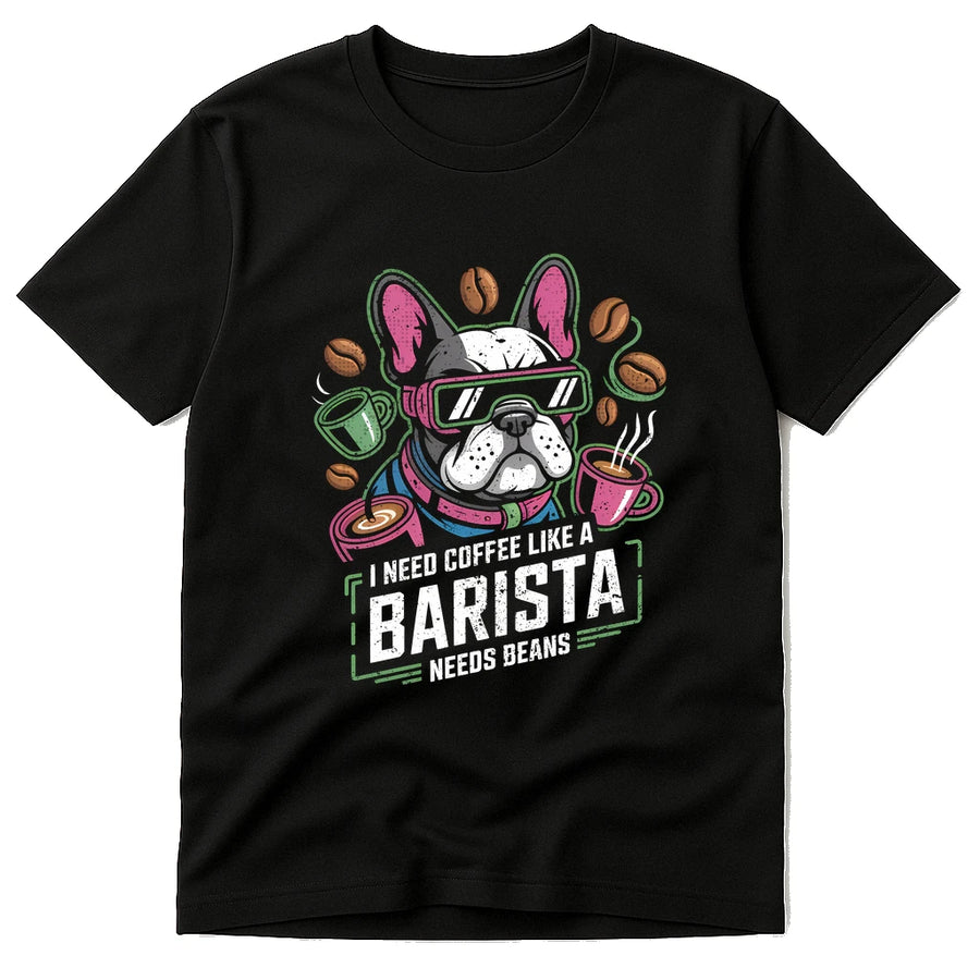 Black T-shirt featuring an illustration of a dog wearing sunglasses and a colorful scarf. The design is surrounded by coffee cups and coffee beans. The dog has a playful expression, and the design uses vibrant colors.