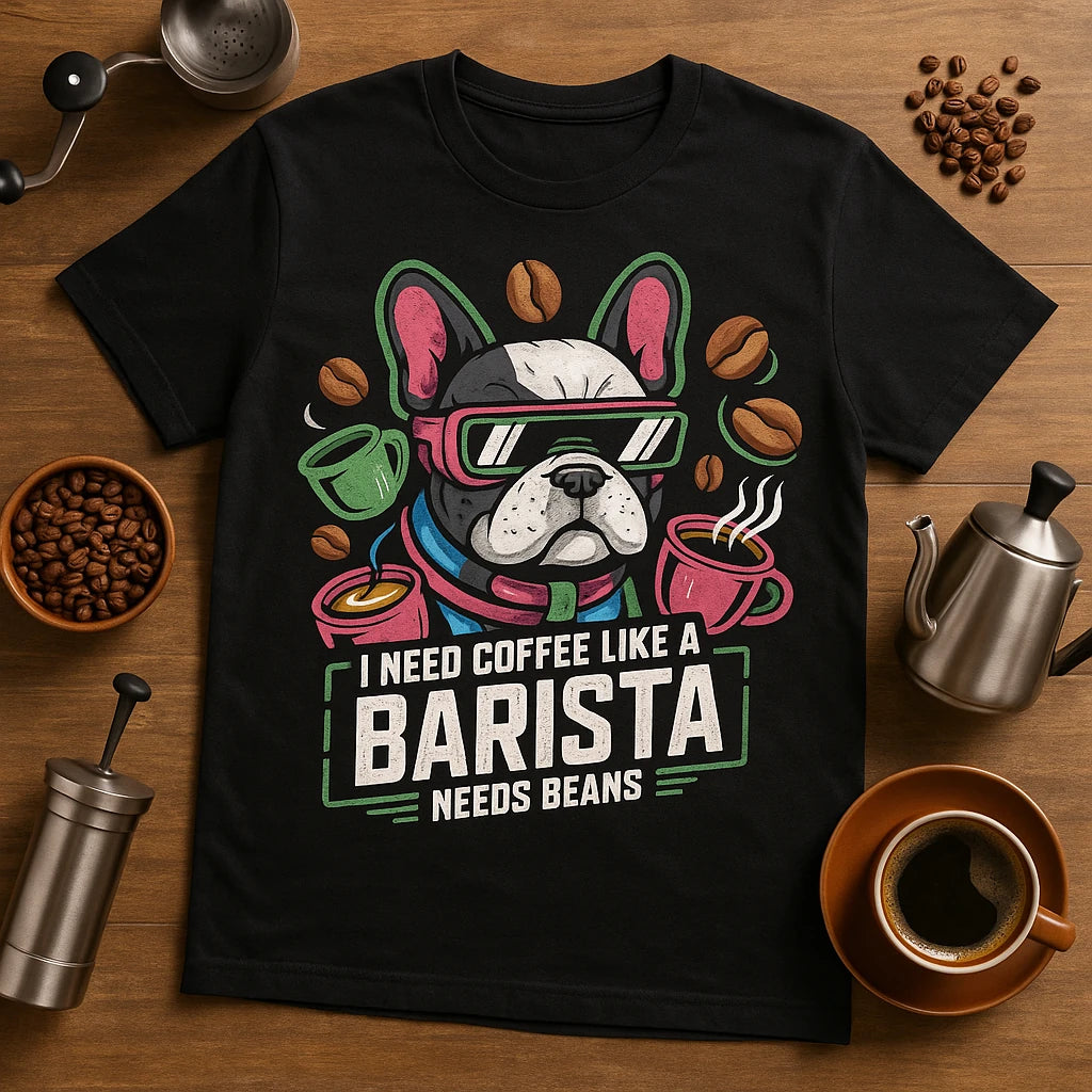 A black t-shirt featuring a graphic of a bulldog wearing sunglasses and surrounded by coffee cups and beans. The shirt is placed on a wooden surface with coffee-making utensils and coffee beans scattered around.